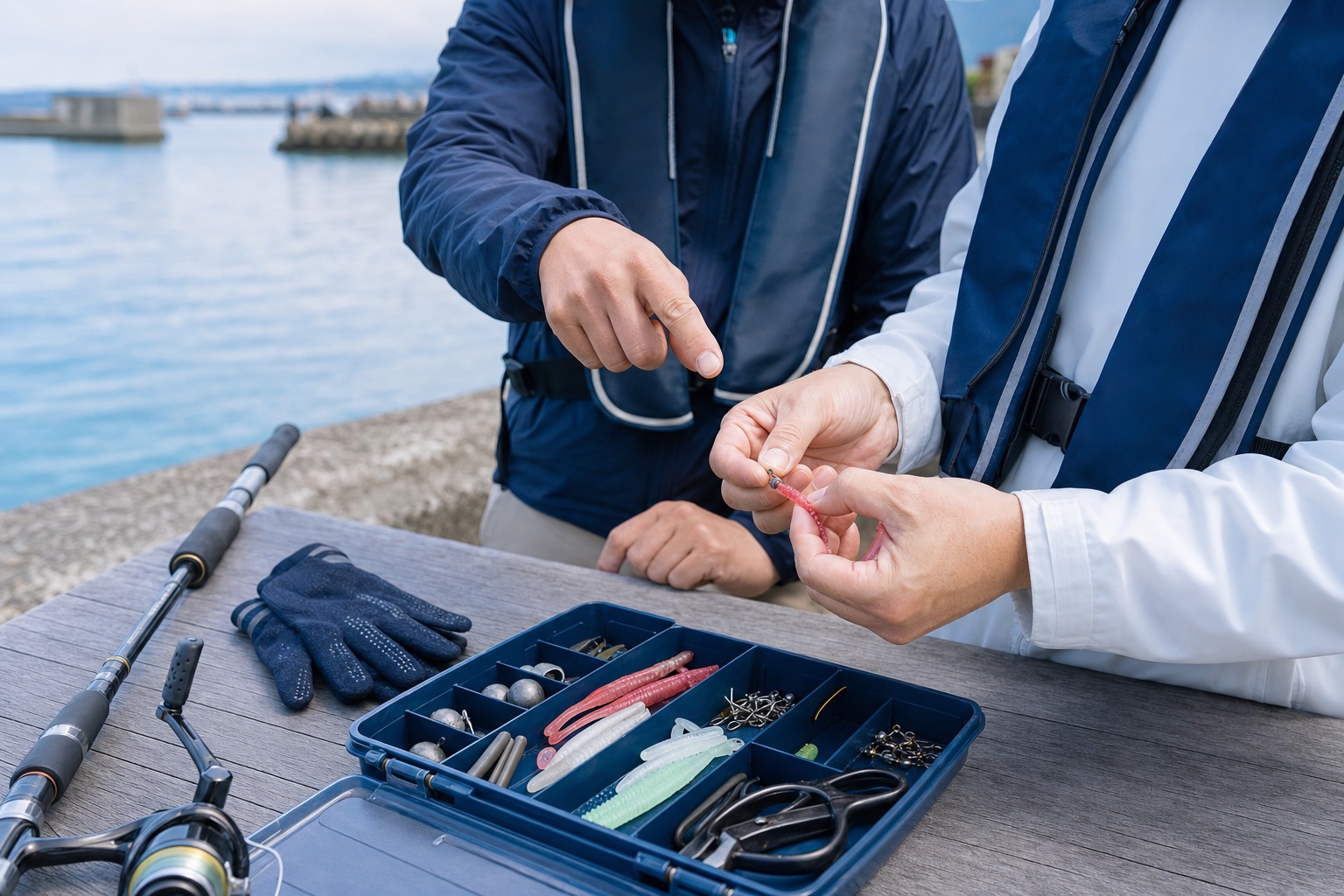 釣具を確認しながら準備する様子