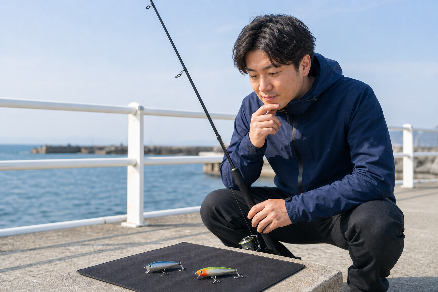 海辺で二つのルアーを見比べる初心者のイメージ