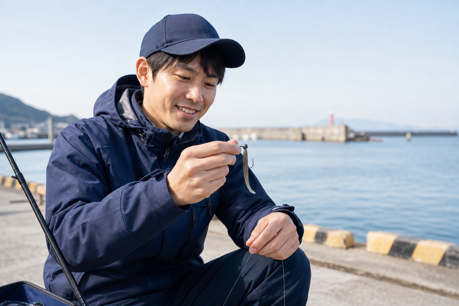 準備済みのワーム仕掛けを確認して海釣りを始める初心者のイメージ