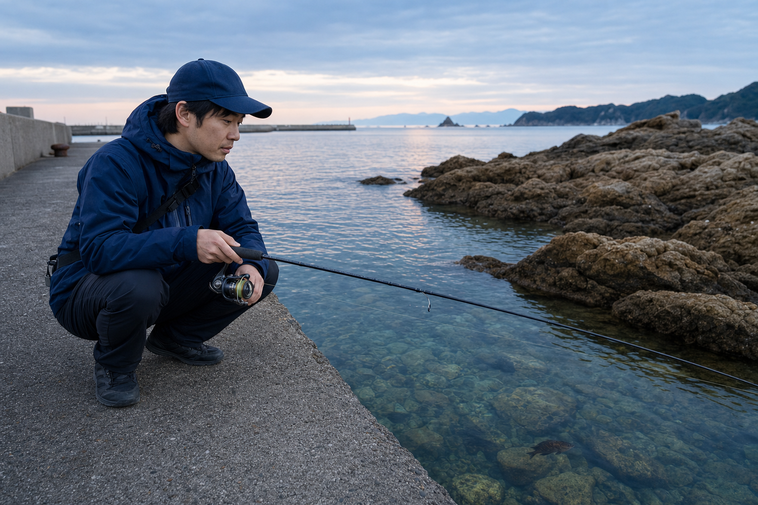 港の岩場周りで根魚を狙うワーム釣り初心者のイメージ