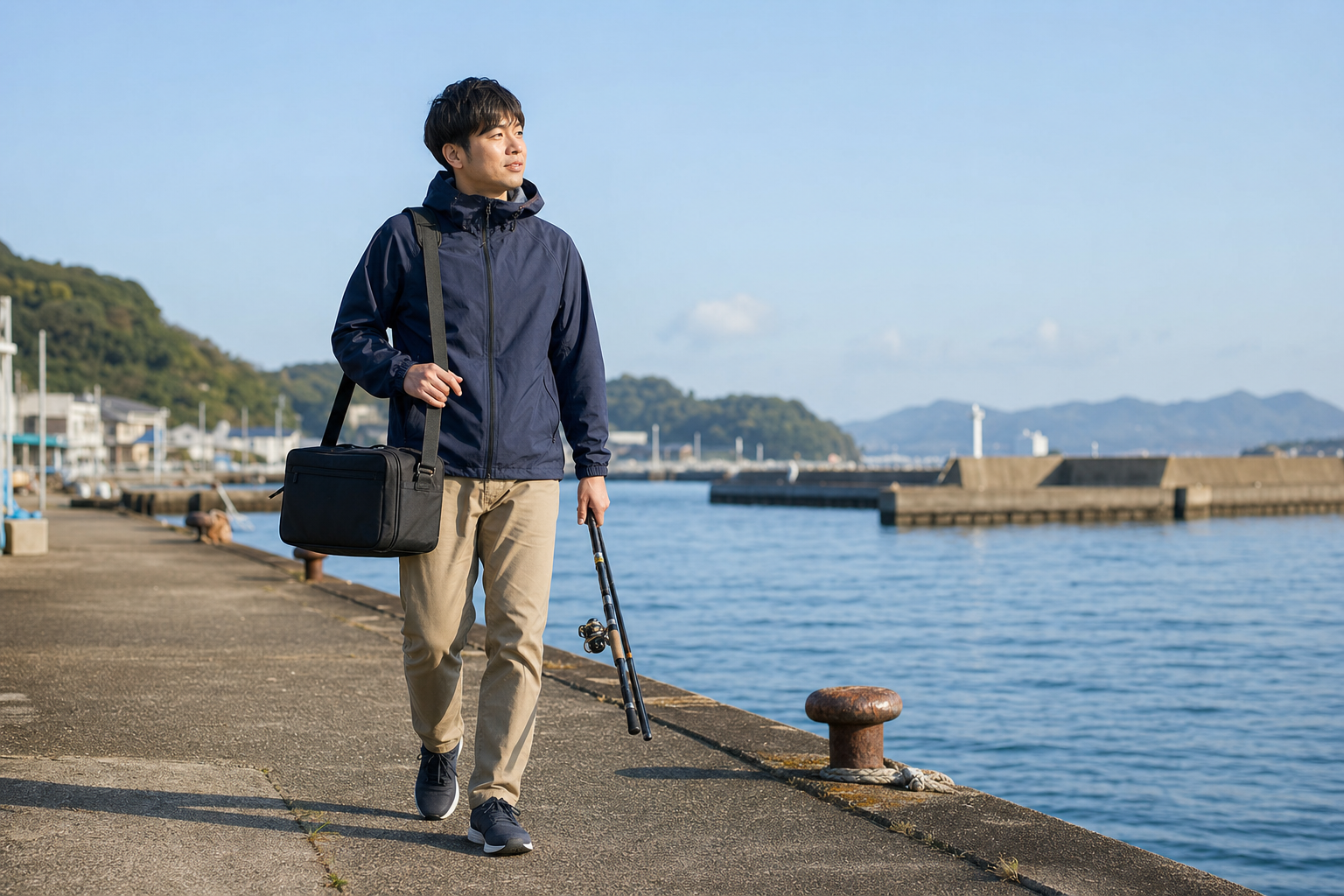 コンパクトな釣りバッグとロッドを持って港へ向かう初心者のイメージ